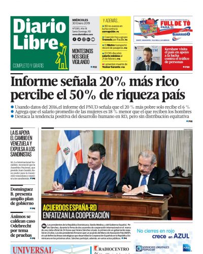 Portada Periódico Diario Libre, Miércoles 30 de Enero 2019
