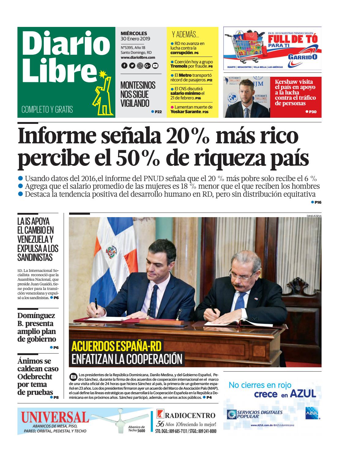 Portada Periódico Diario Libre, Miércoles 30 de Enero 2019