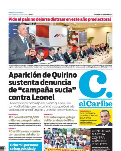 Portada Periódico El Caribe, Jueves 31 de Enero 2019