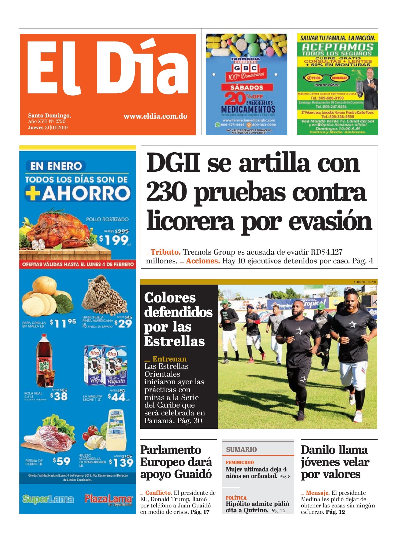 Portada Periódico El Día, Jueves 31 de Enero 2019