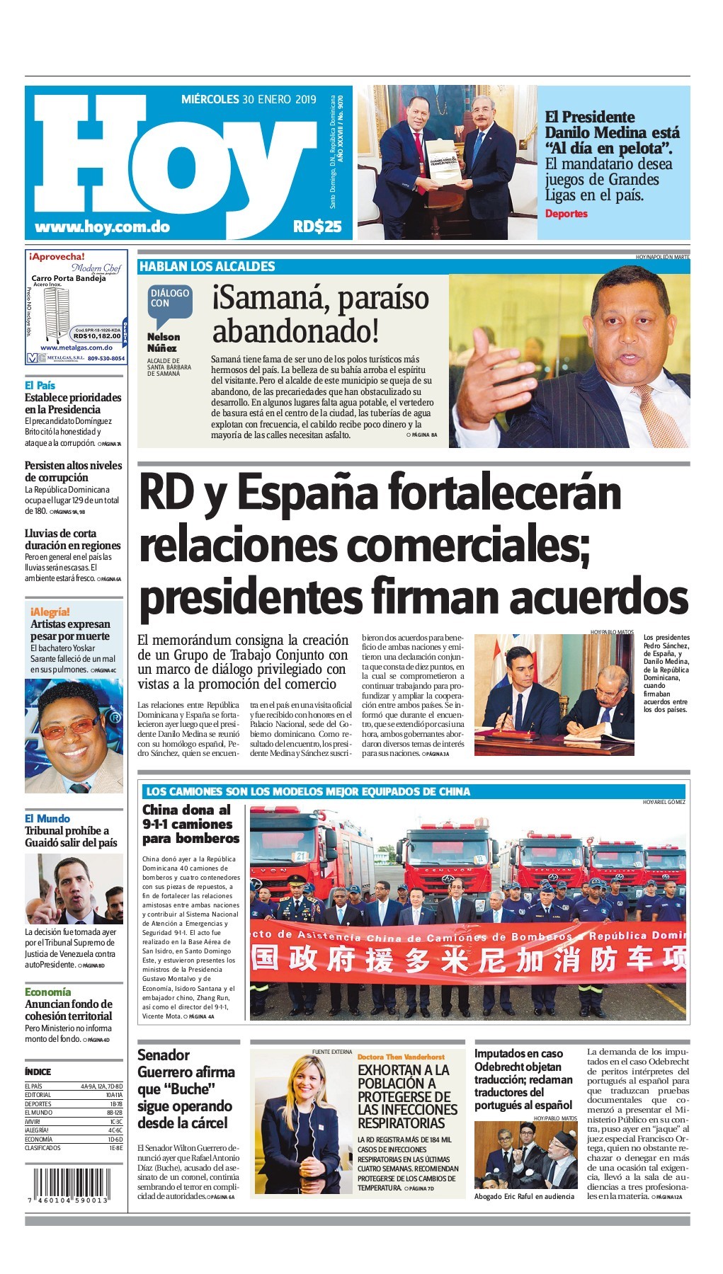 Portada Periódico Hoy, Miércoles 30 de Enero 2019