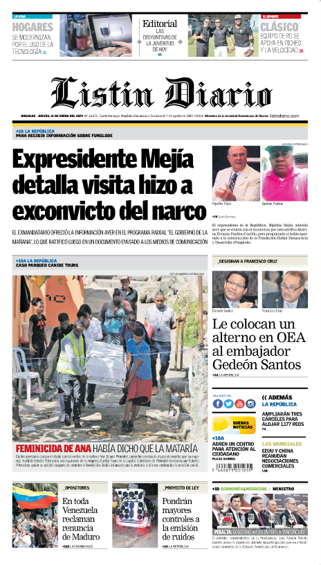 Portada Periódico Listín Diario, Jueves 31 de Enero 2019