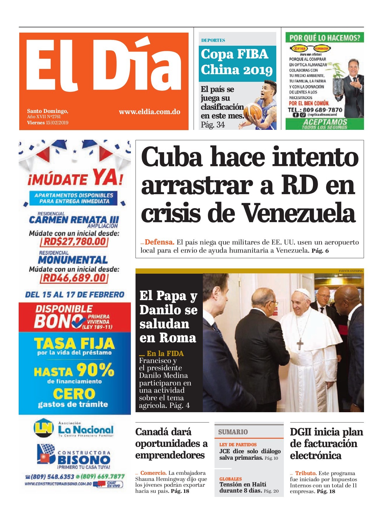 Portada Periódico El Día, Viernes 15 de Febrero 2019 - Dominicana.do