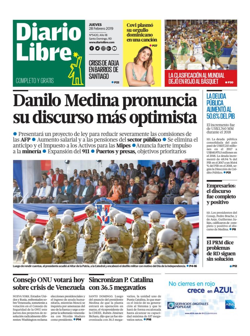 Portada Periódico Diario Libre, Jueves 28 de Febrero 2019
