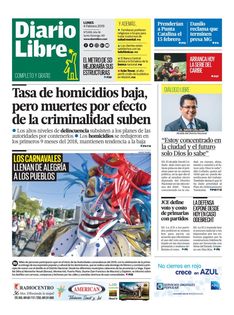 Portada Periódico Diario Libre, Lunes 04 de Febrero 2019