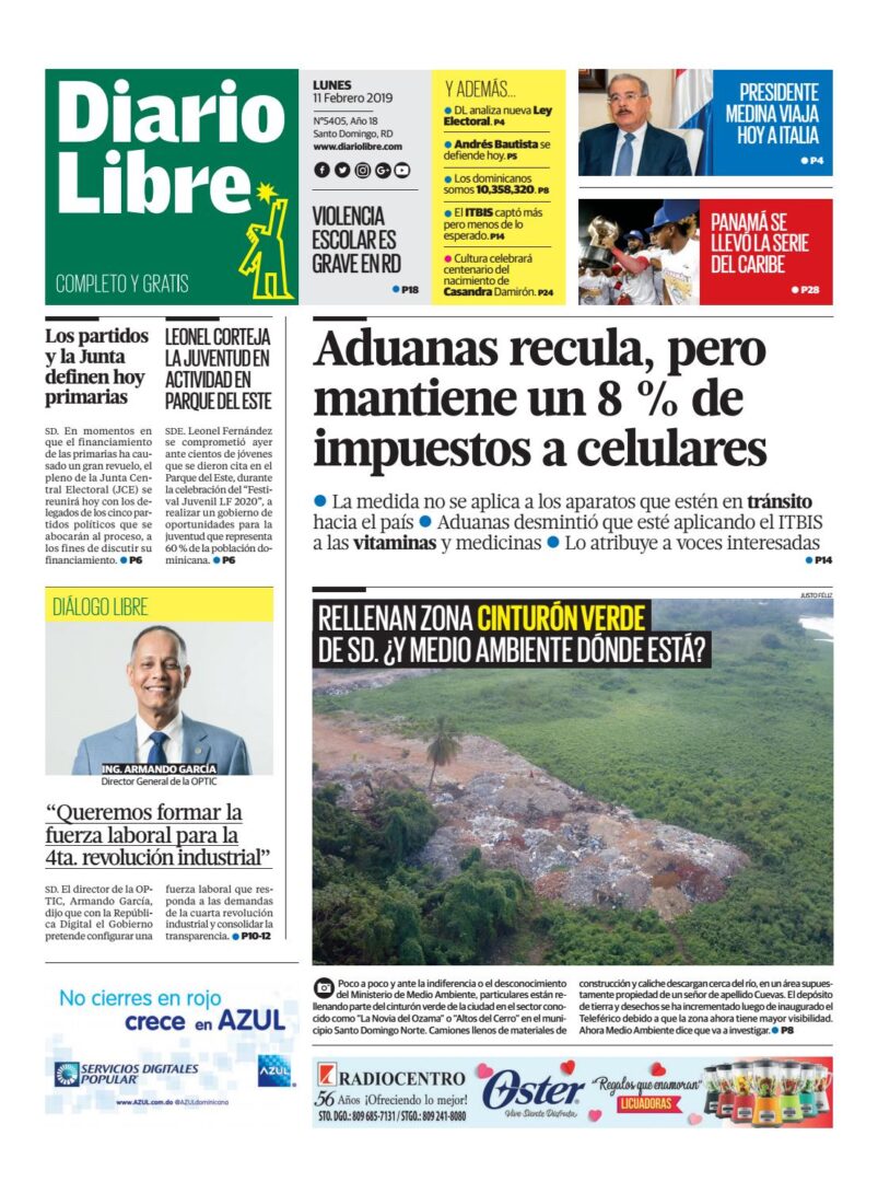 Portada Periódico Diario Libre, Lunes 11 de Febrero 2019