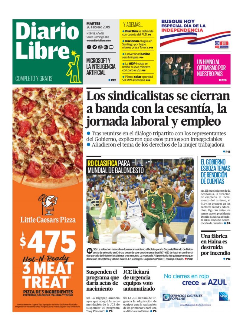 Portada Periódico Diario Libre, Martes 26 de Febrero 2019