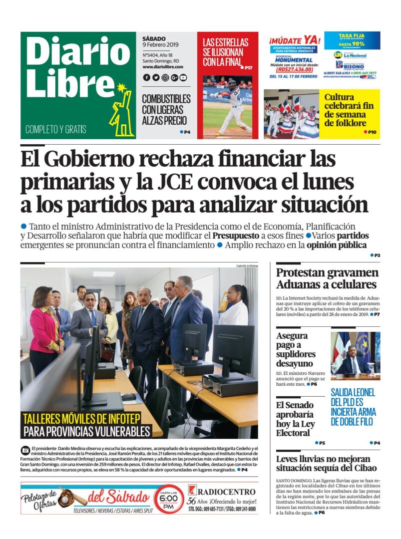 Portada Periódico Diario Libre, Sábado 09 de Febrero 2019