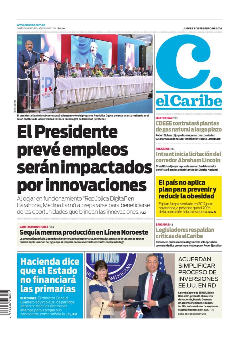 Portada Periódico El Caribe, Jueves 07 de Febrero 2019