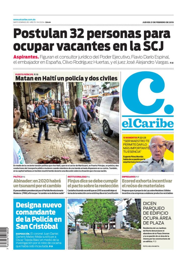 Portada Periódico El Caribe, Jueves 21 de Febrero 2019