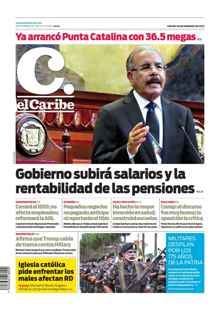 Portada Periódico El Caribe, Jueves 28 de Febrero 2019