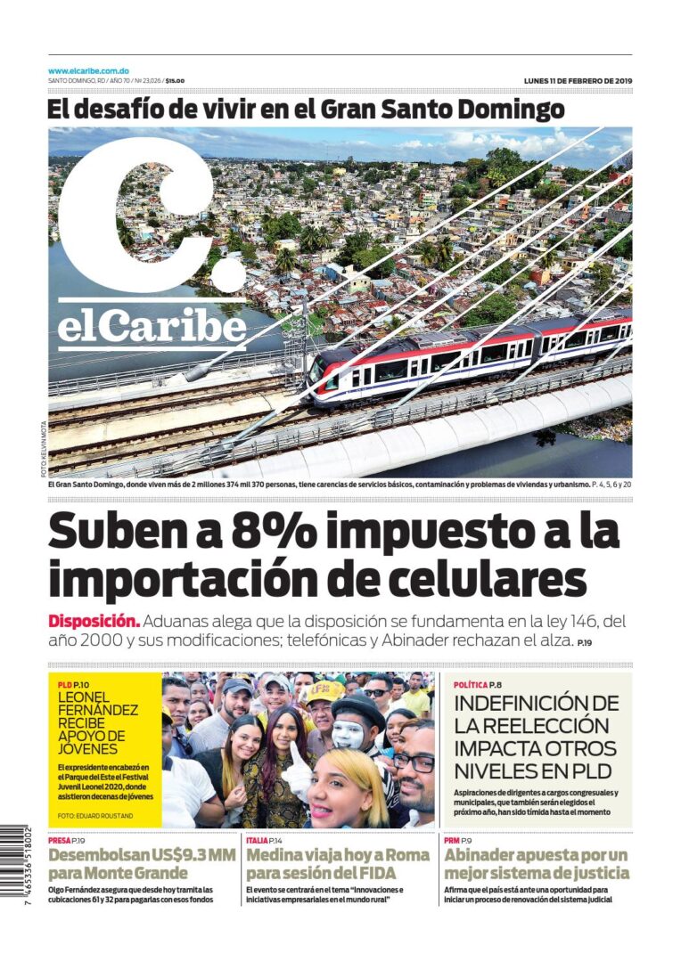 Portada Periódico El Caribe, Lunes 11 de Febrero 2019