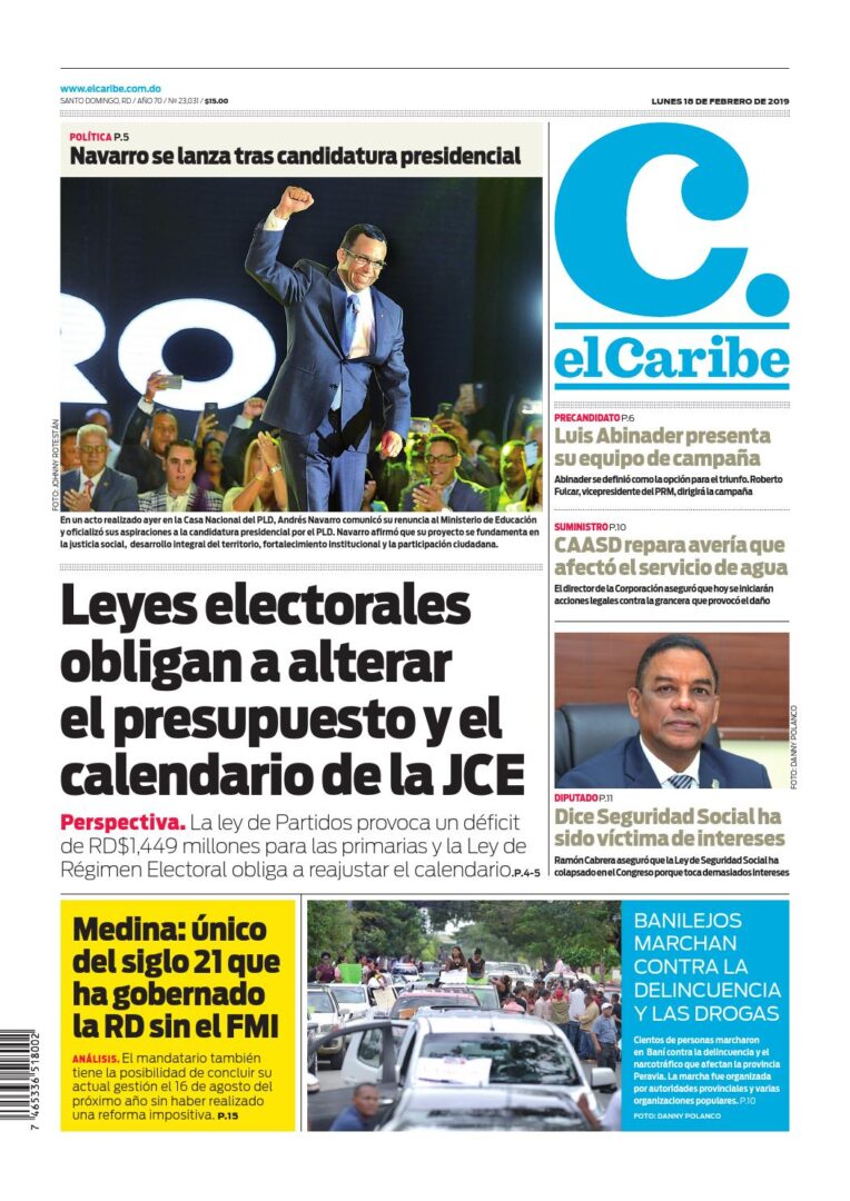 Portada Periódico El Caribe, Lunes 18 de Febrero 2019