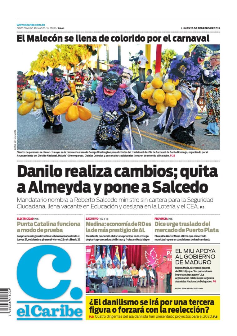 Portada Periódico El Caribe, Lunes 25 de Febrero 2019