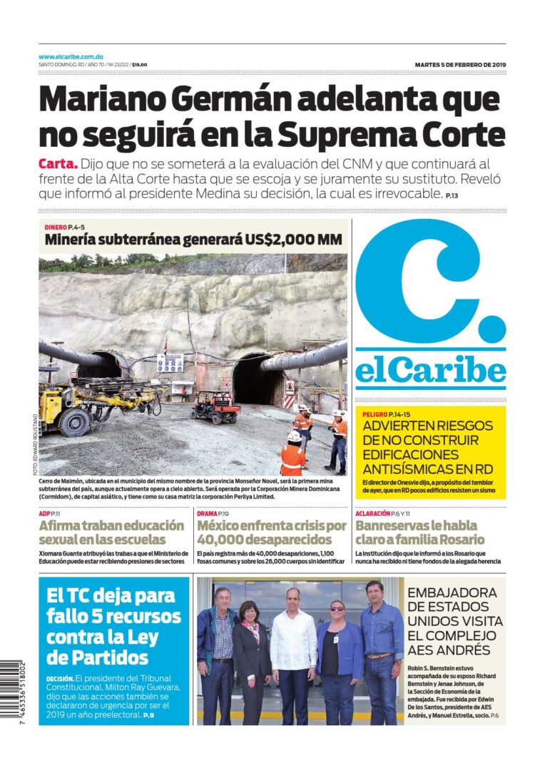 Portada Periódico El Caribe, Martes 05 de Febrero 2019