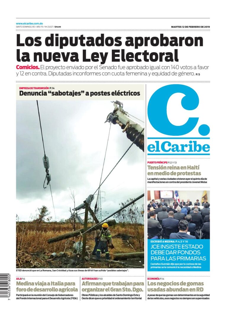Portada Periódico El Caribe, Martes 12 de Febrero 2019