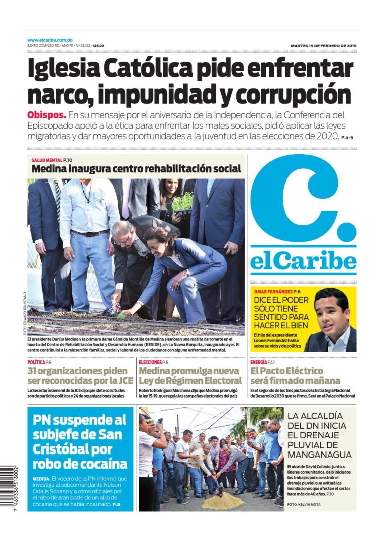 Portada Periódico El Caribe, Martes 19 de Febrero 2019