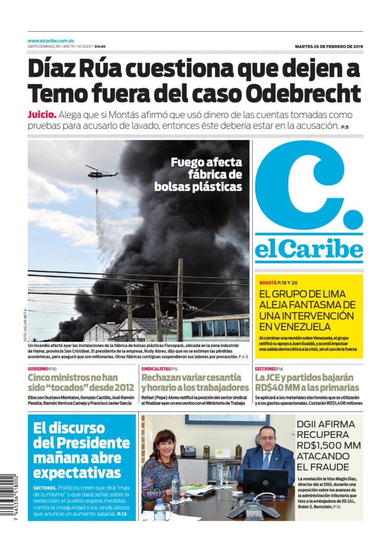 Portada Periódico El Caribe, Martes 26 de Febrero 2019