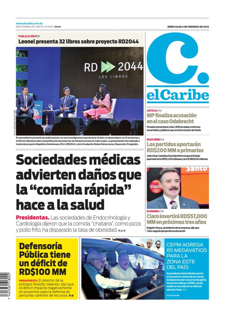 Portada Periódico El Caribe, Miércoles 06 de Febrero 2019