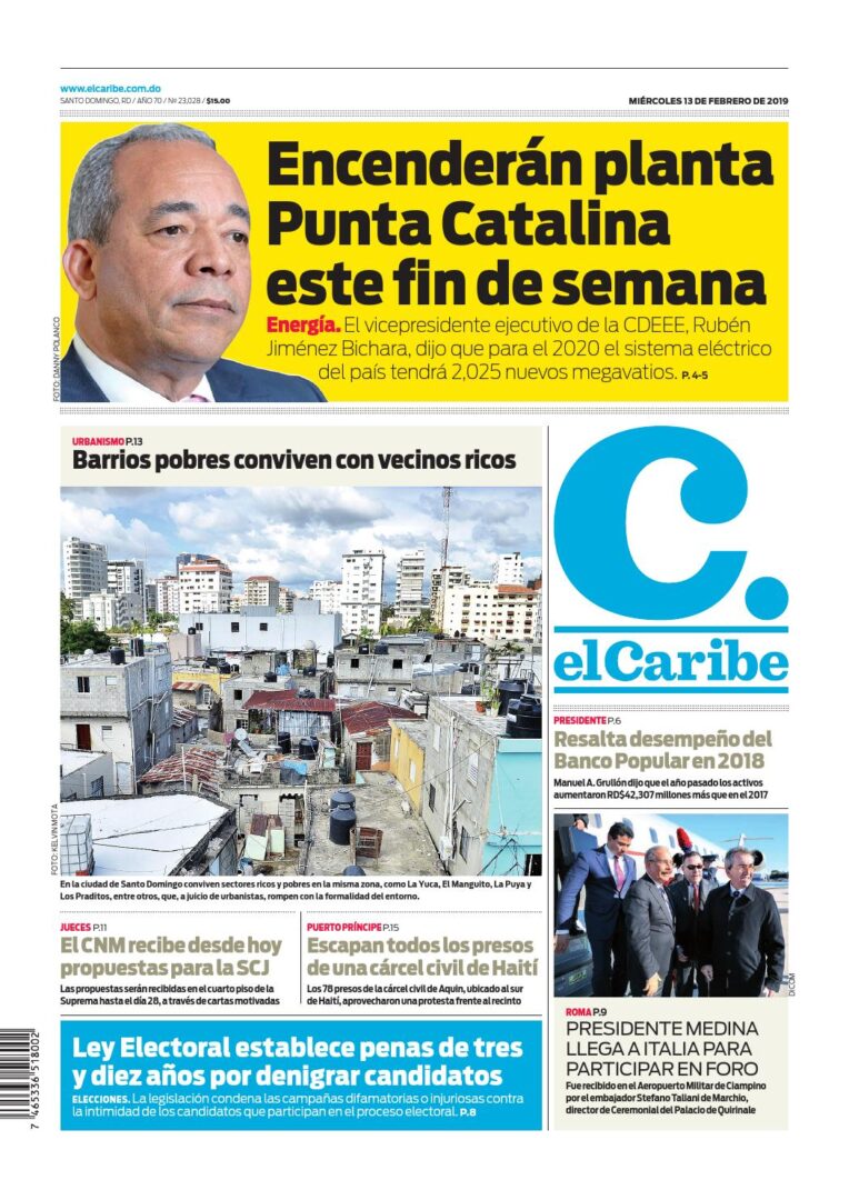Portada Periódico El Caribe, Miércoles 13 de Febrero 2019