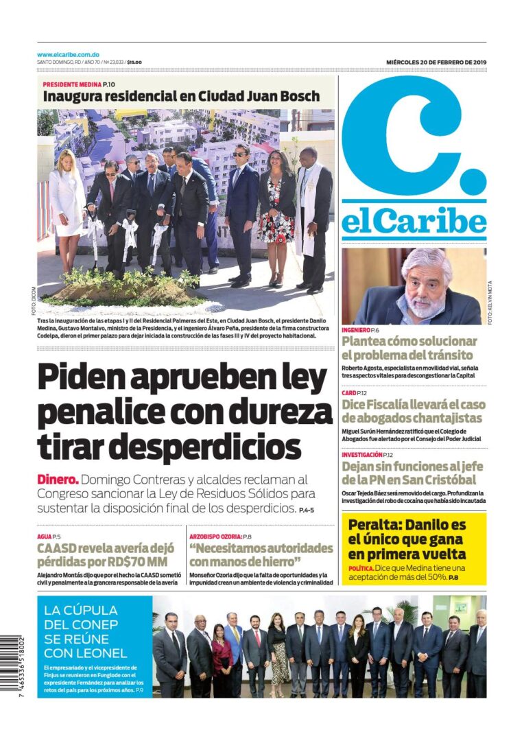 Portada Periódico El Caribe, Miércoles 20 de Febrero 2019