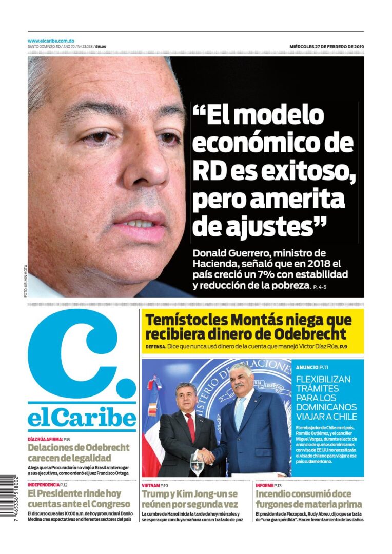 Portada Periódico El Caribe, Miércoles 27 de Febrero 2019