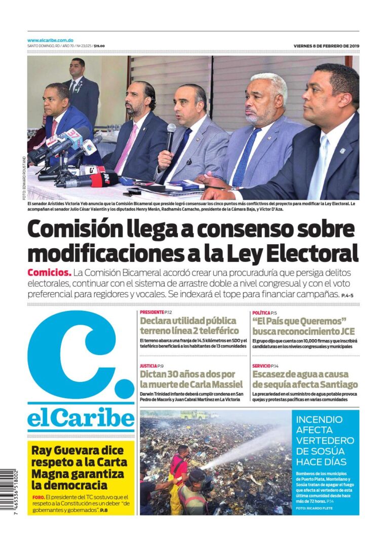 Portada Periódico El Caribe, Sábado 09 de Febrero 2019