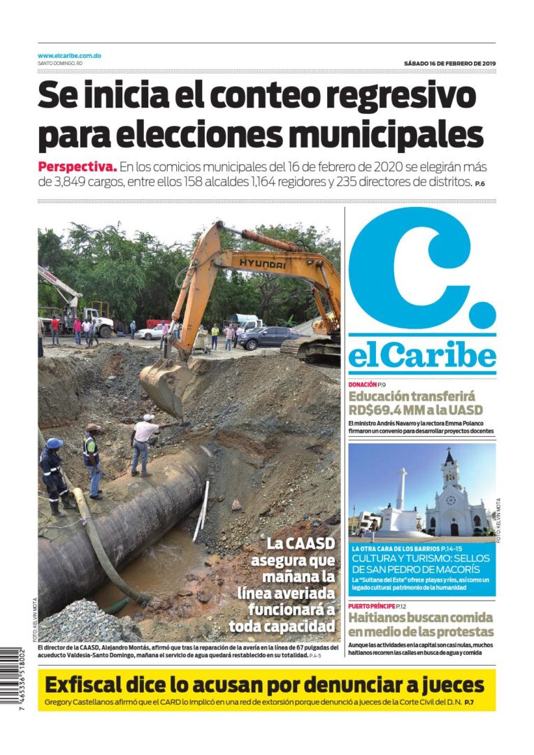 Portada Periódico El Caribe, Sábado 16 de Febrero 2019