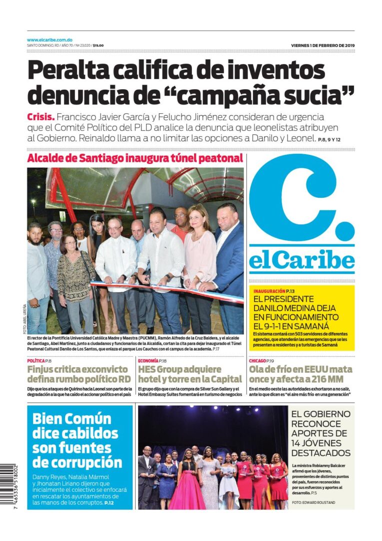 Portada Periódico El Caribe, Viernes 01 de Febrero 2019