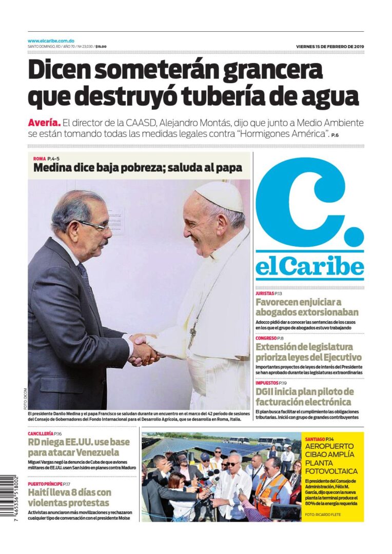Portada Periódico El Caribe, Viernes 15 de Febrero 2019