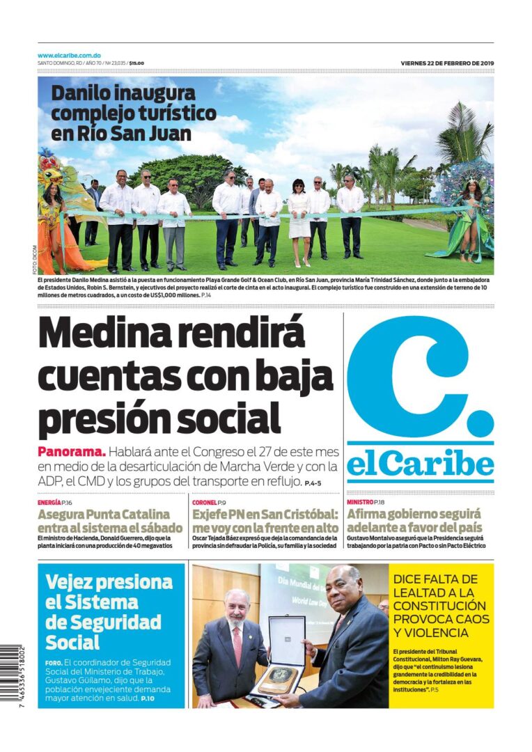 Portada Periódico El Caribe, Viernes 22 de Febrero 2019