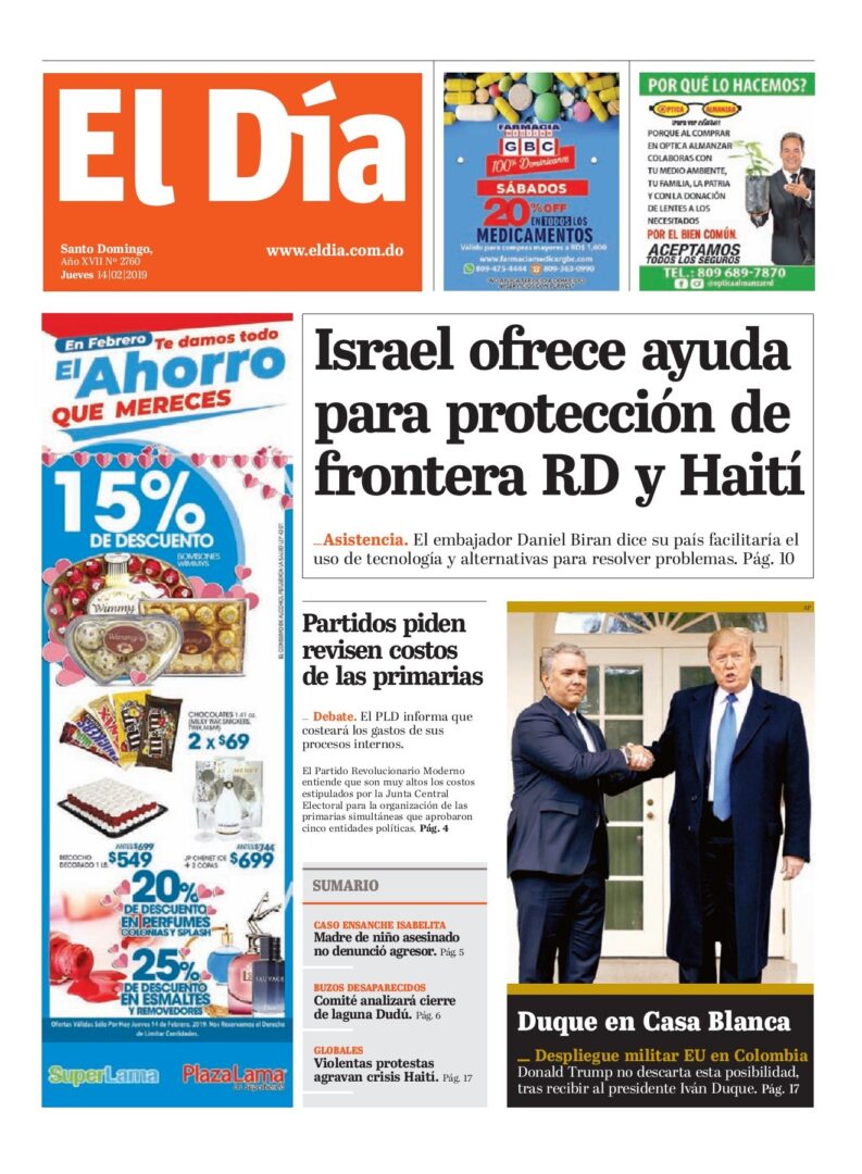 Portada Periódico El Día, Jueves 14 de Febrero 2019