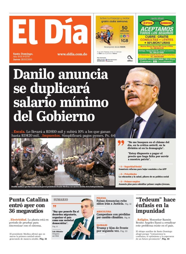 Portada Periódico El Día, Jueves 28 de Febrero 2019