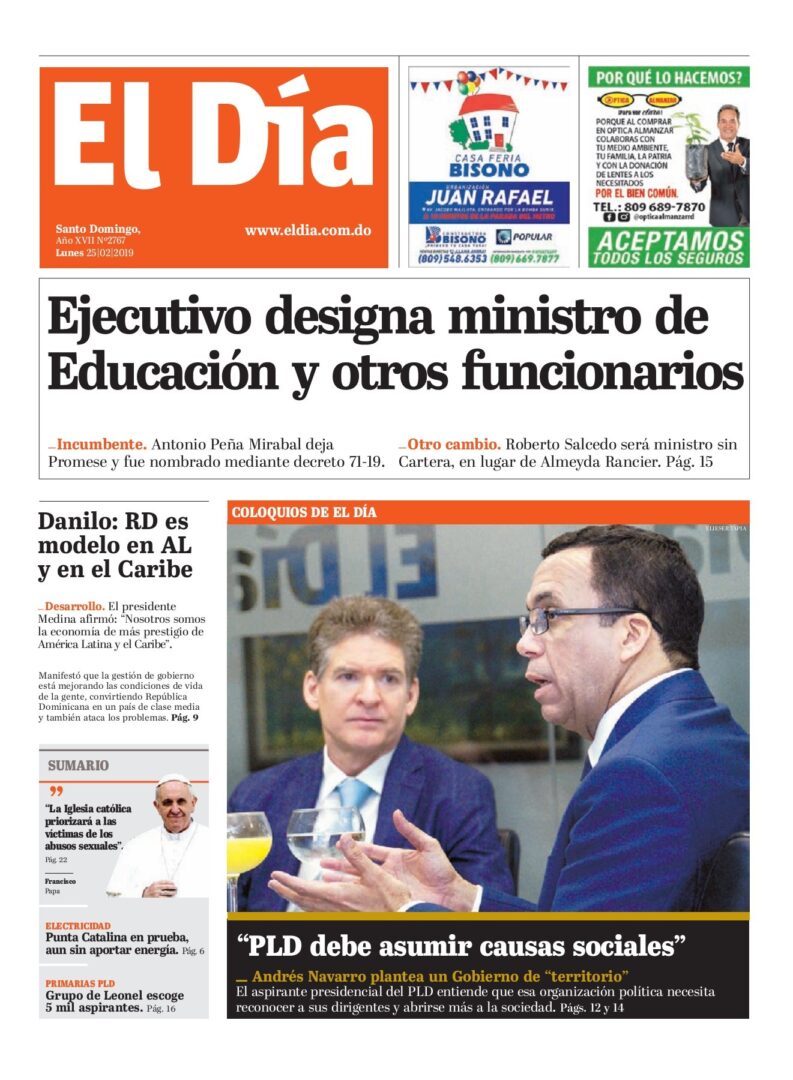 Portada Periódico El Día, Lunes 25 de Febrero 2019