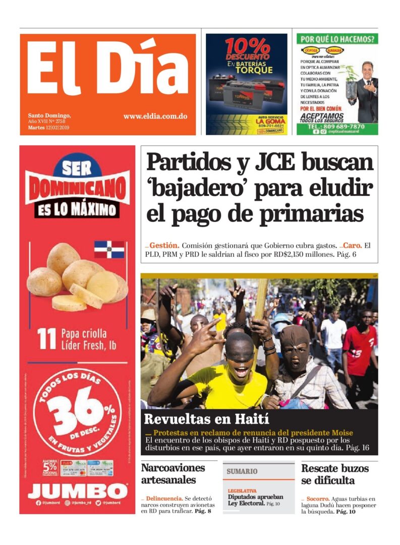 Portada Periódico El Día, Martes 12 de Febrero 2019