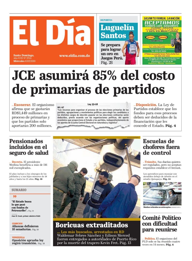 Portada Periódico El Día, Miércoles 06 de Febrero 2019