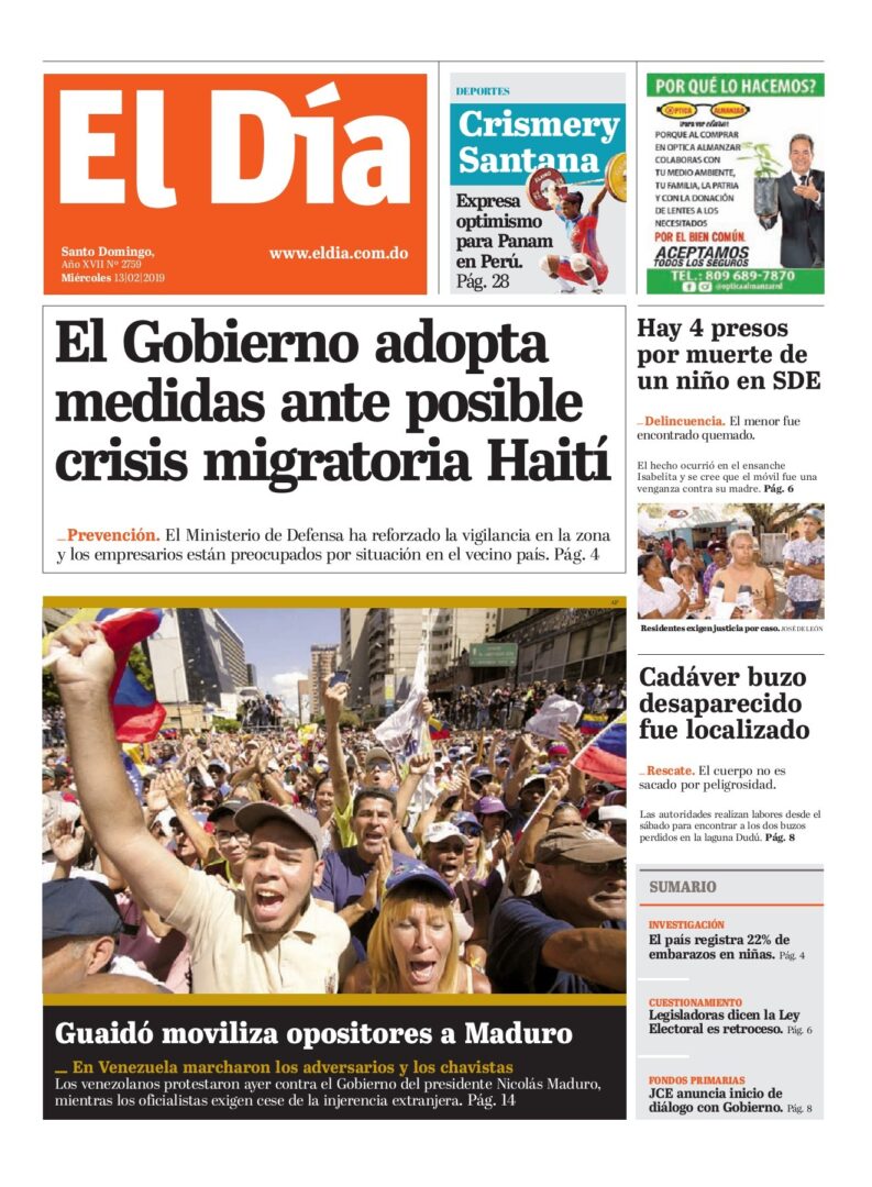 Portada Periódico El Día, Miércoles 13 de Febrero 2019