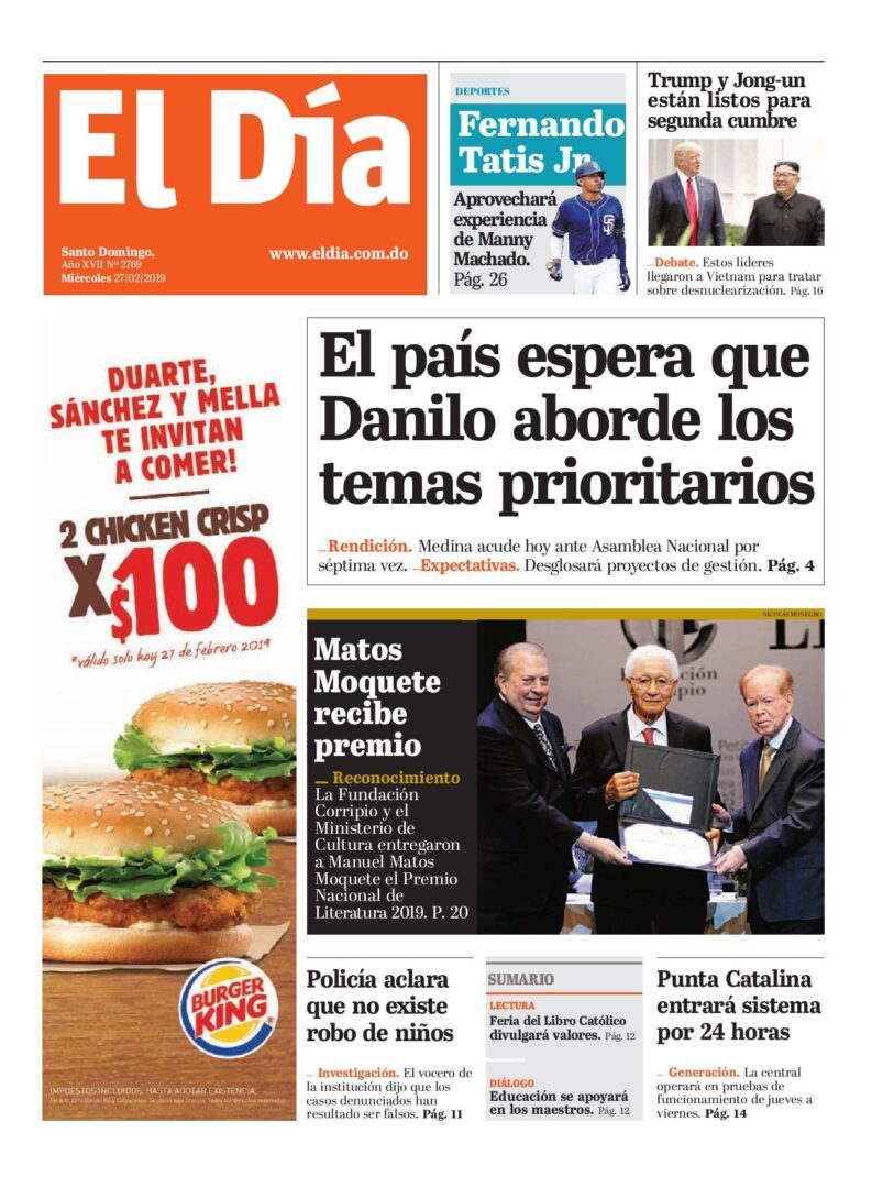 Portada Periódico El Día, Miércoles 27 de Febrero 2019