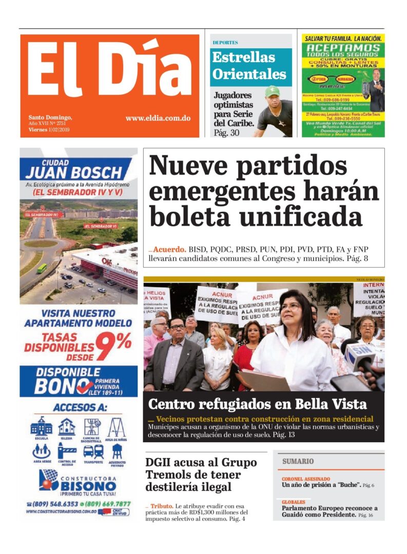 Portada Periódico El Día, Viernes 01 de Febrero 2019