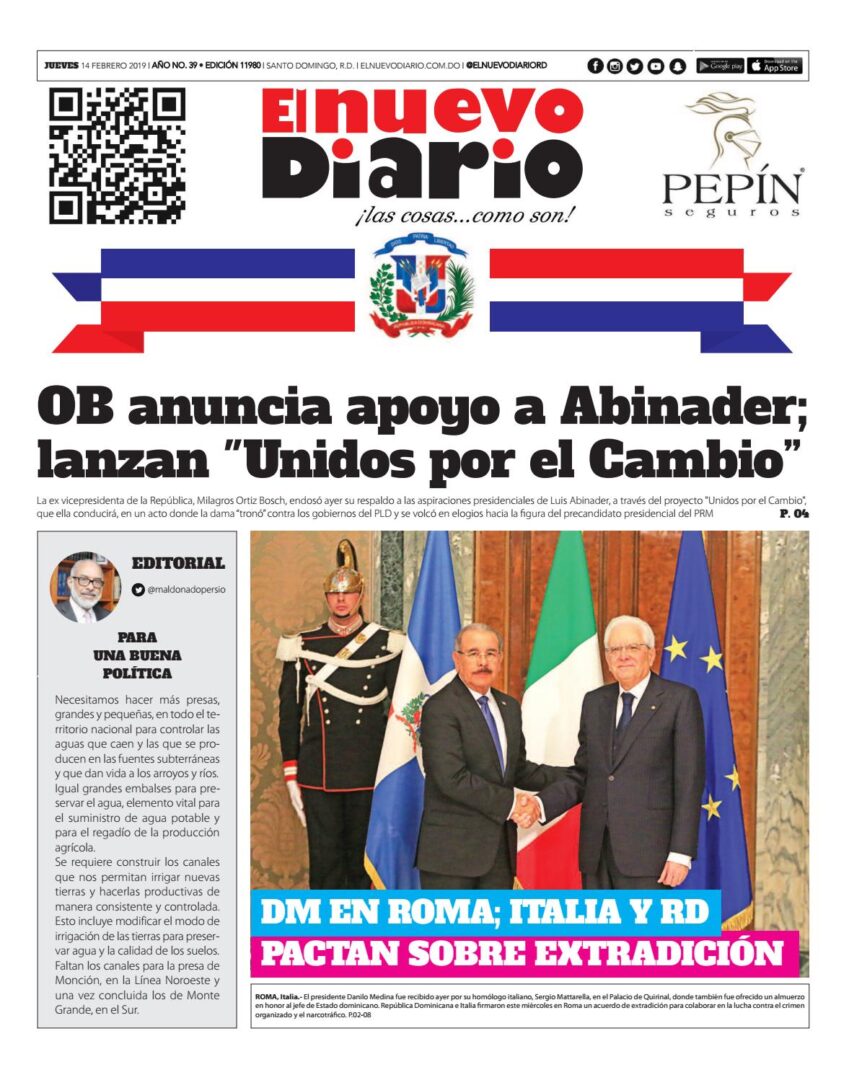 Portada Periódico El Nuevo Diario, Jueves 14 de Febrero 2019