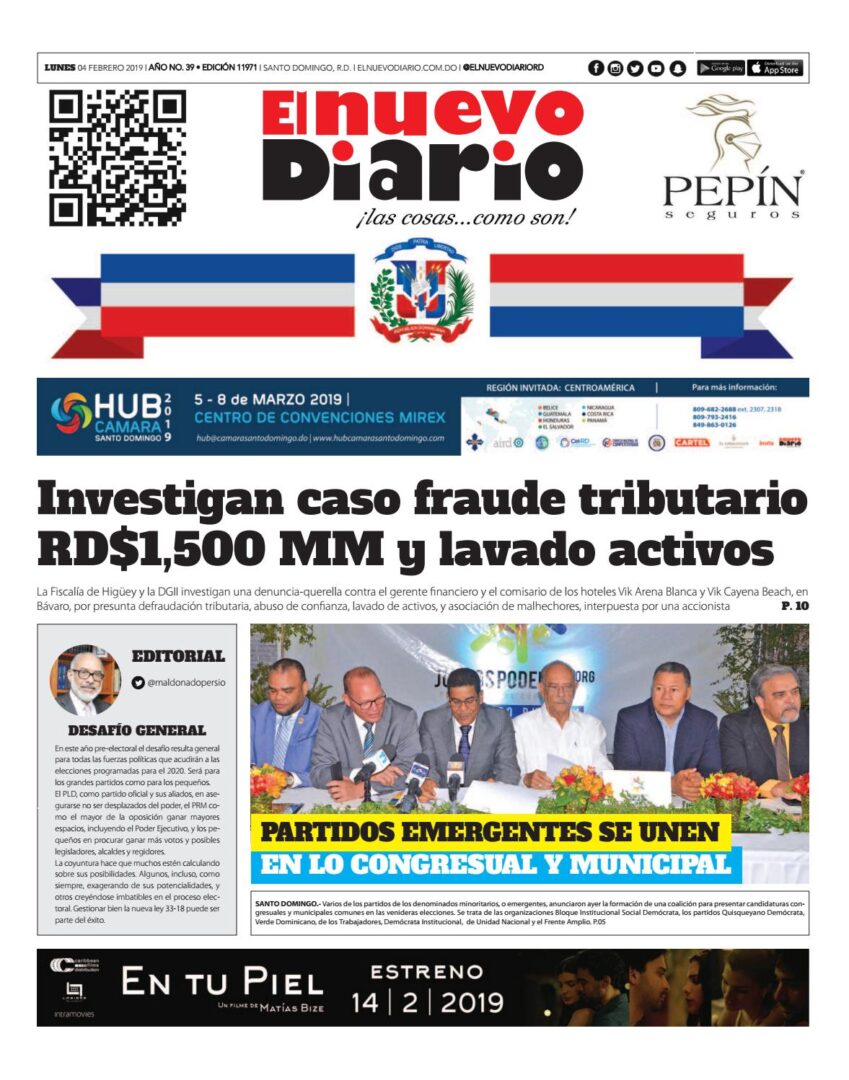 Portada Periódico El Nuevo Diario, Lunes 04 de Febrero 2019