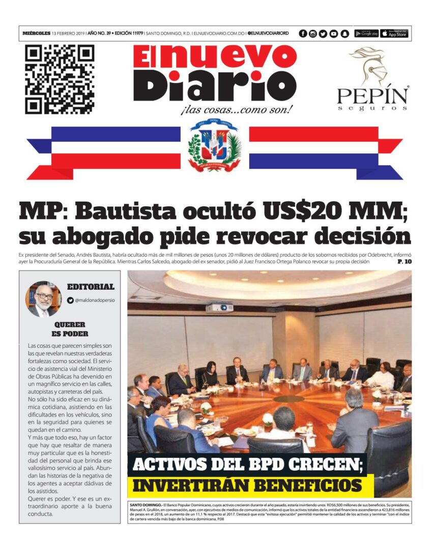 Portada Periódico El Nuevo Diario, Miércoles 13 de Febrero 2019