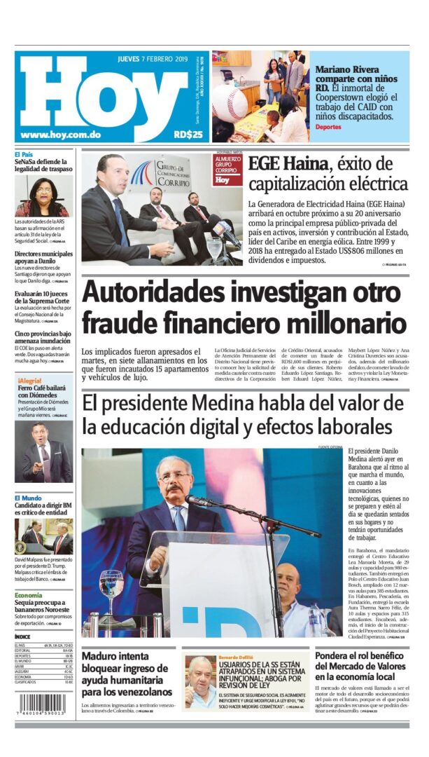 Portada Periódico Hoy, Jueves 07 de Febrero 2019
