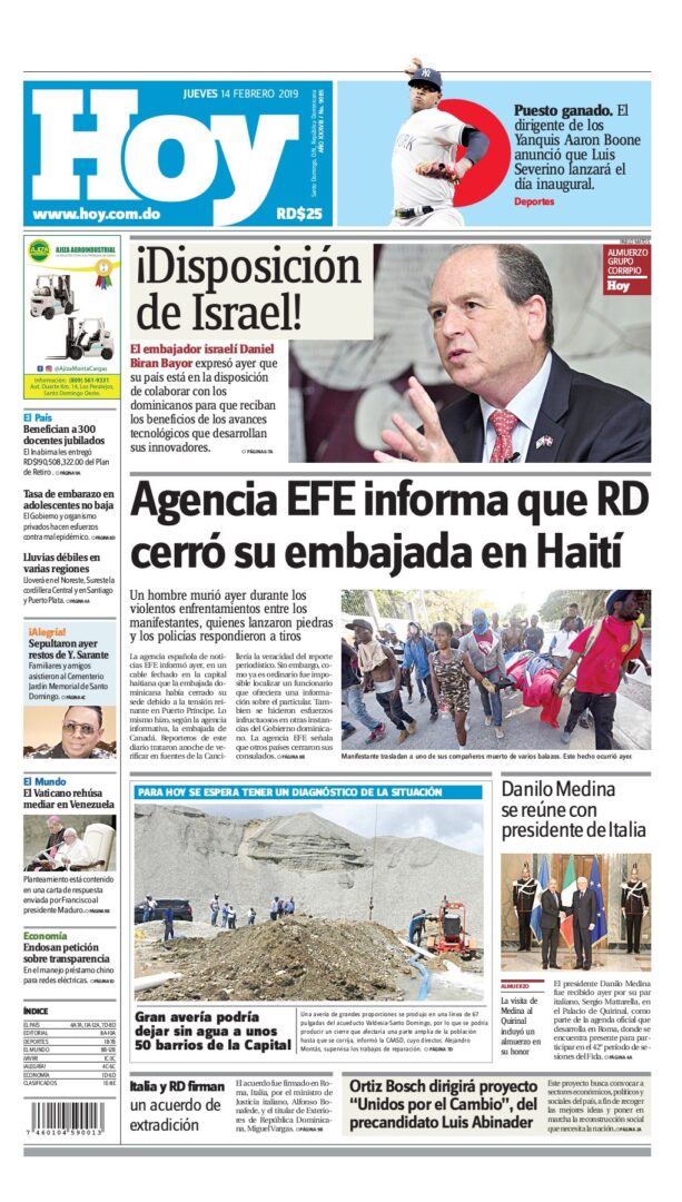 Portada Periódico Hoy, Jueves 14 de Febrero 2019