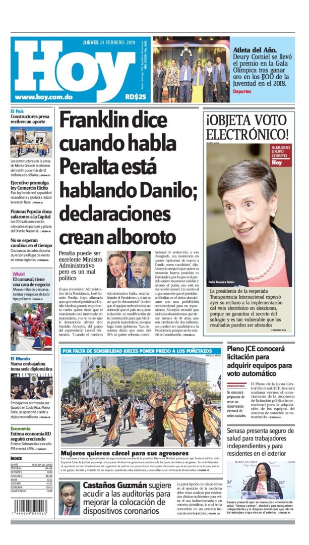 Portada Periódico Hoy, Jueves 21 de Febrero 2019