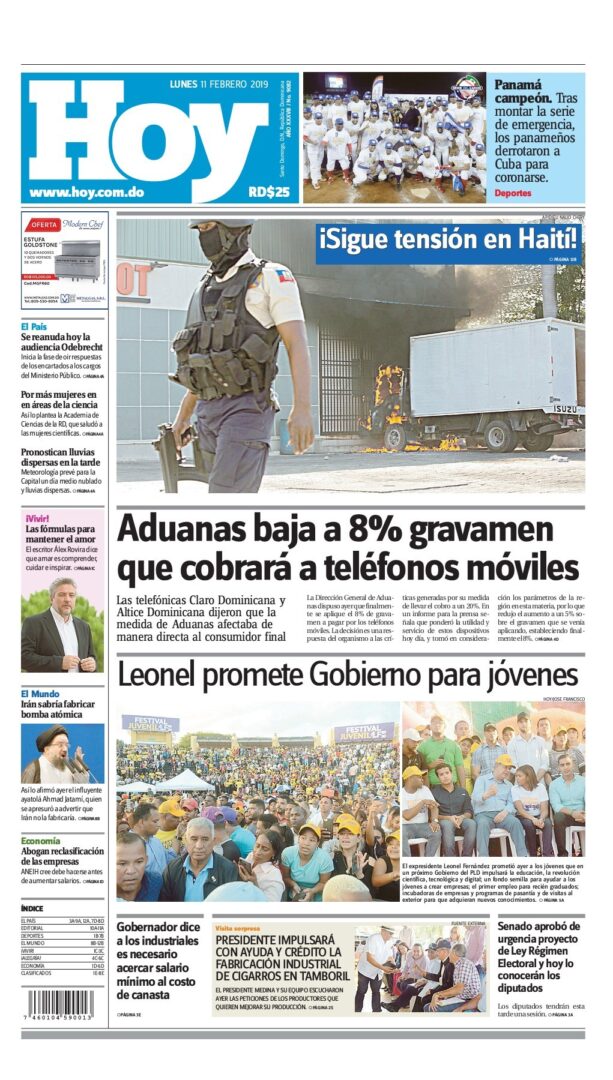 Portada Periódico Hoy, Lunes 11 de Febrero 2019