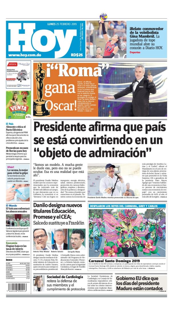 Portada Periódico Hoy, Lunes 25 de Febrero 2019