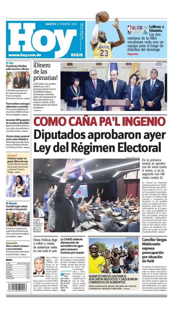 Portada Periódico Hoy, Martes 12 de Febrero 2019