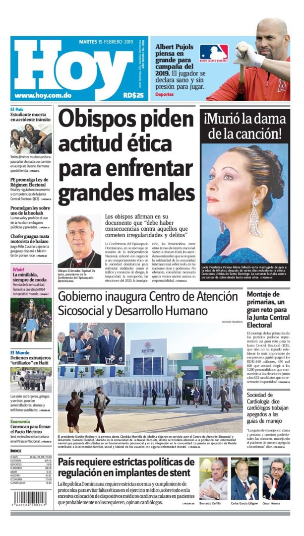 Portada Periódico Hoy, Martes 19 de Febrero 2019
