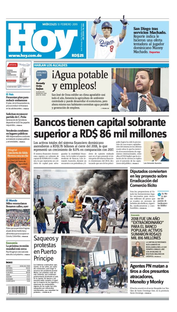 Portada Periódico Hoy, Miércoles 13 de Febrero 2019